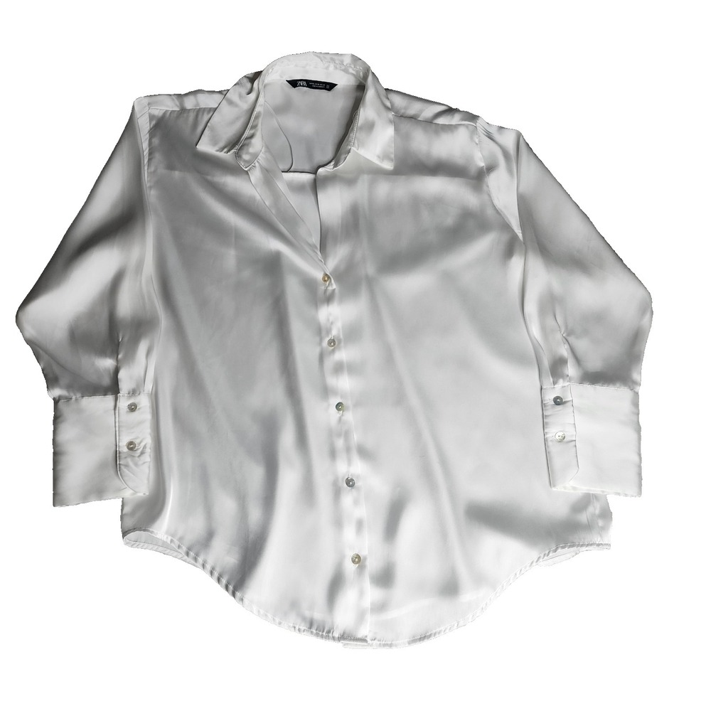Zara White Satin Effect Long Sleeve Blouse Relaxed Fit Minimalist Capsule  - XL - Picture 4 of 7